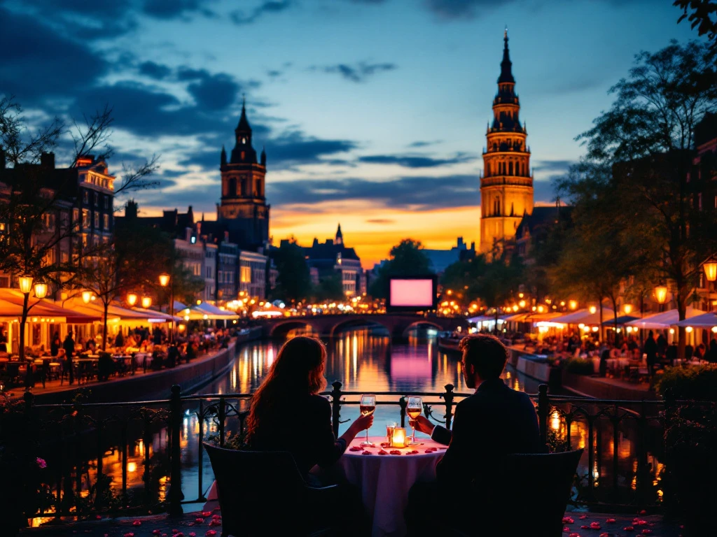 Romantisch tafereel aan de Utrechtse gracht bij schemering, met de verlichte Domtoren, silhouetten van een koppel, wijnglazen en een klein buitenbioscoop.