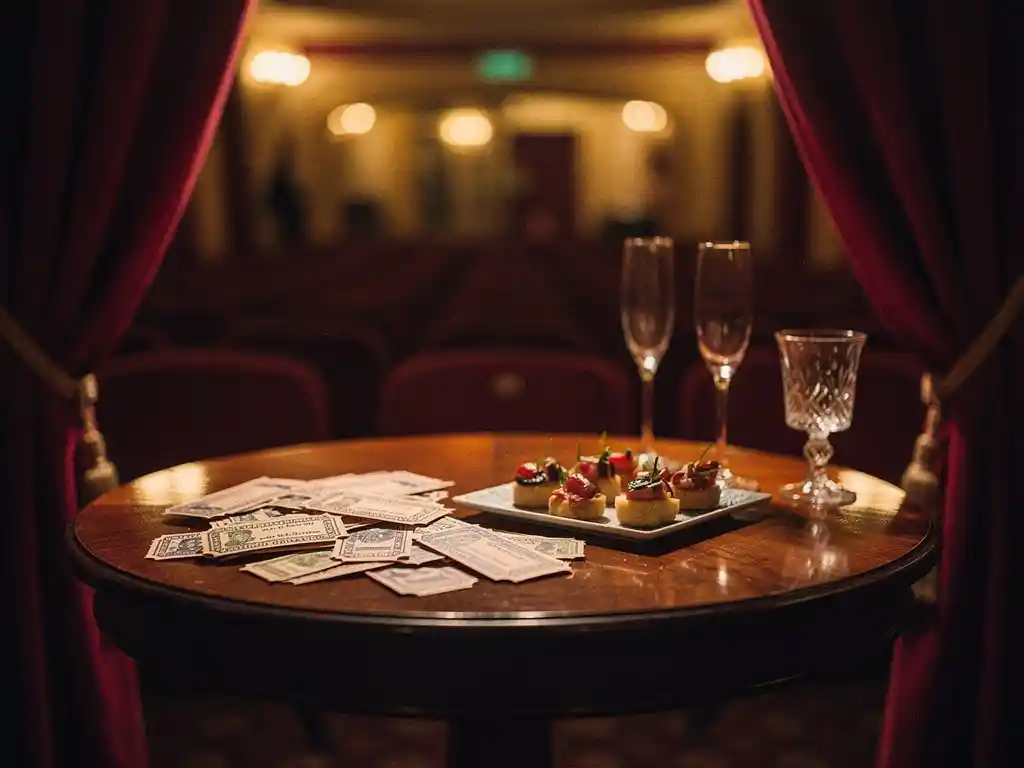 Vintage bioscooplobby met gouden verlichting, rode fluwelen gordijnen, filmkaartjes en champagneglazen op mahonie tafel