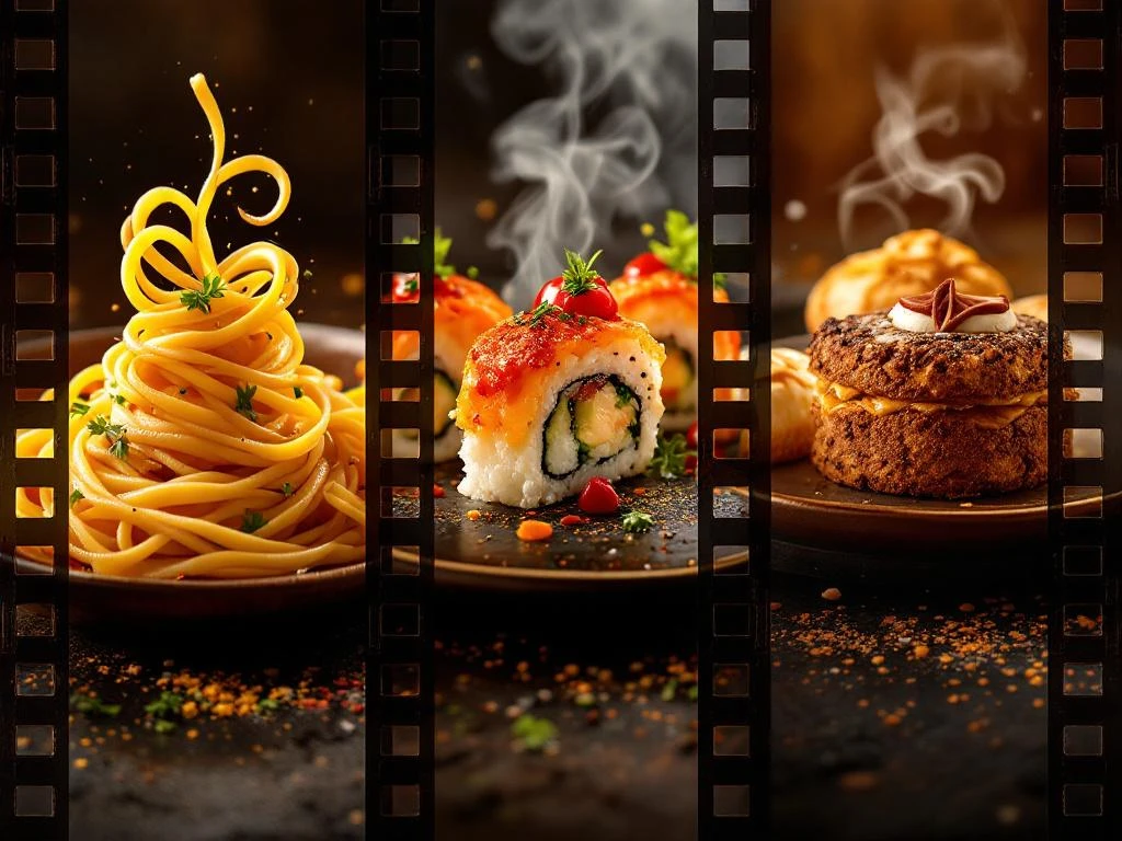 Cinematografische collage van wereldkeukens: Italiaanse pasta, Japanse sushi en Franse gebakjes in filmstrip-stijl