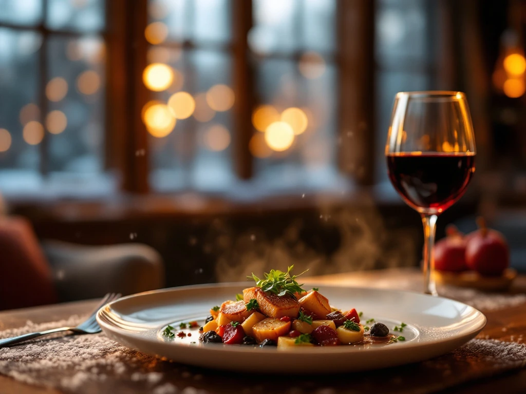 Gourmet gerecht met rode wijn in gezellige Rotterdam bioscoop tijdens winteravond met warme verlichting